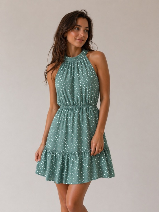 BTFBM Dresses & Skirts - BTFBM Green Polka Dot Halter Dress Tiered Mini Sage Green dress size small 🌱 NWT